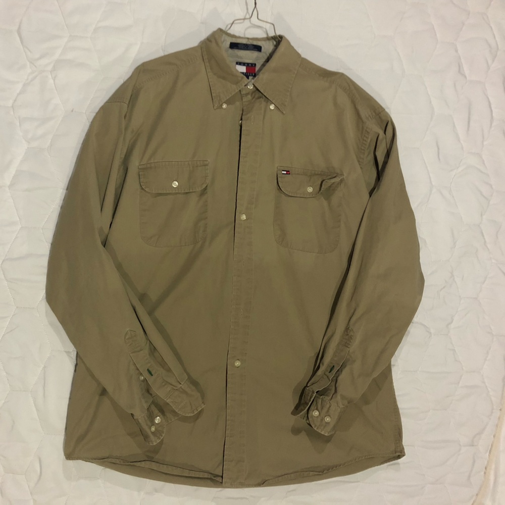 Vintage Tommy Hilfiger Tan Long Sleeve Button Down Dress Shirt